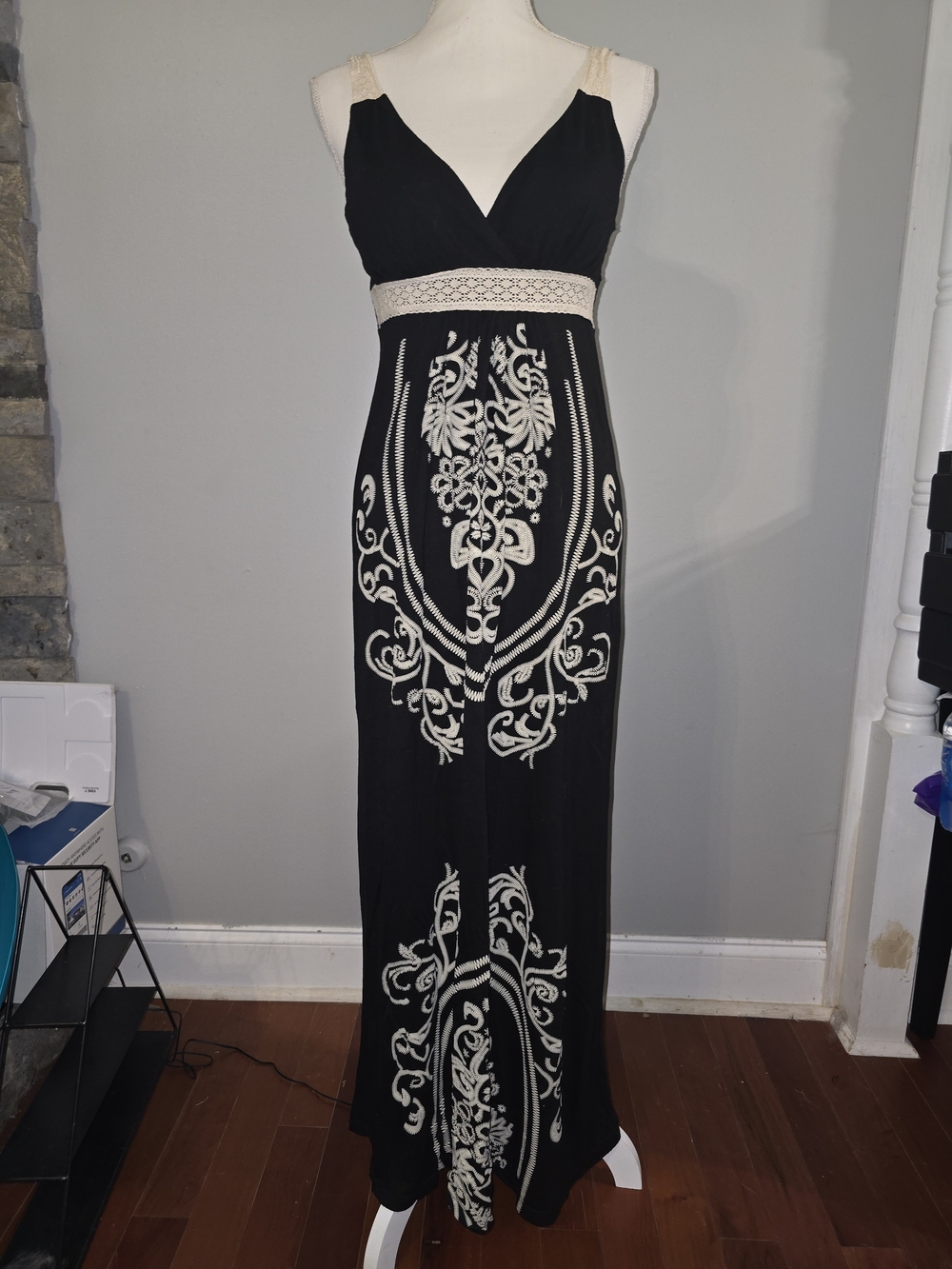 Papaya Black Maxi Dress with Cream Embroidery